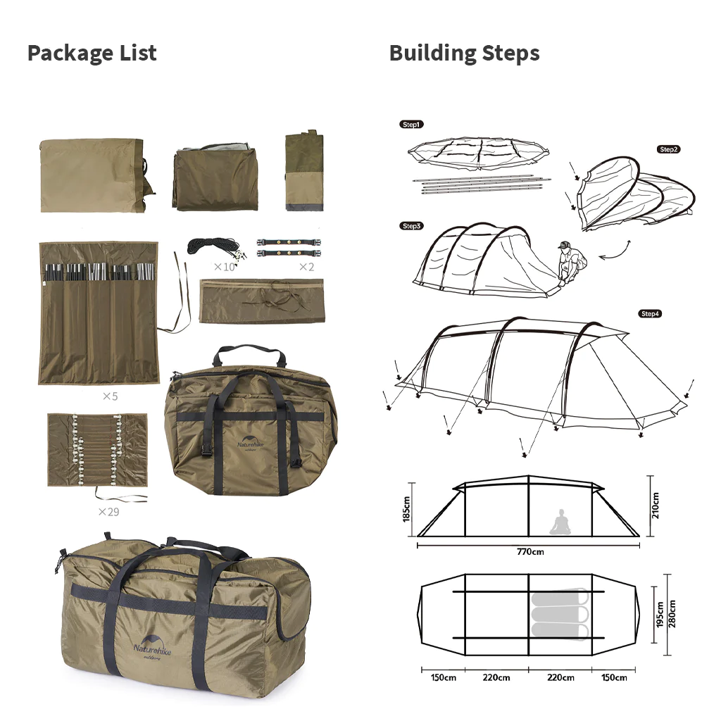 Naturehike Aries Alpha Tunnel Tent- Khaki