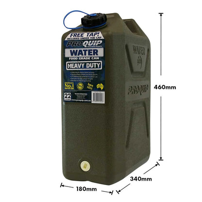 PRO EQUIP - HEAVY DUTY WATER JERRY CAN 22L, 58mm CAP,W/TAP, GREEN OLIVE DRAB