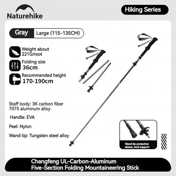 Naturehike Gale UL Carbon And Aluminum Five-Section Adjustable Folding Trekking Pole 115-135cm - Deep Space Gray