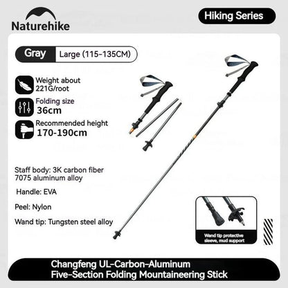 Naturehike Gale UL Carbon And Aluminum Five-Section Adjustable Folding Trekking Pole 115-135cm - Deep Space Gray