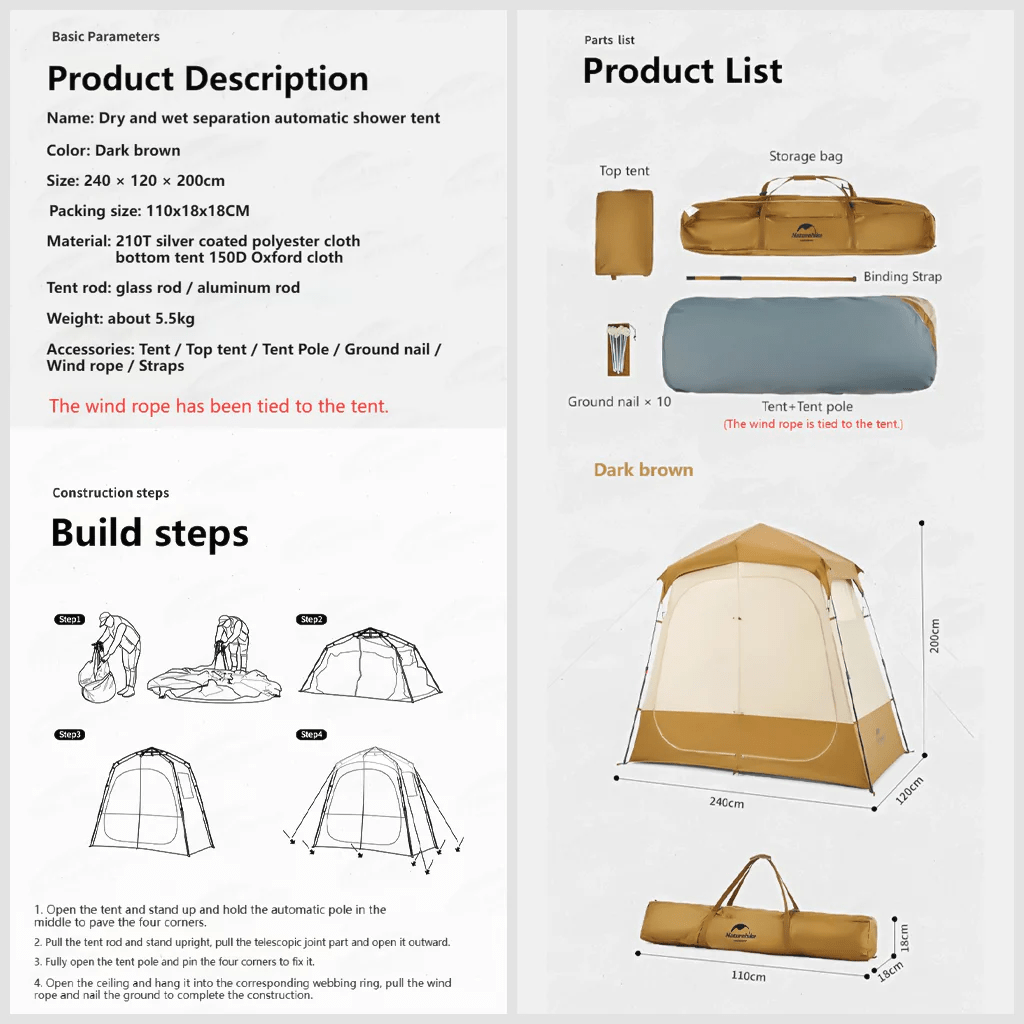 Naturehike Wet and dry separation shower tent - Brown