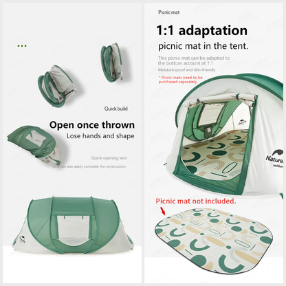 Naturehike 3-4 Hand Pop Up Automatic Tent - Green & Grey