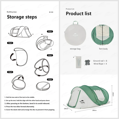Naturehike 3-4 Hand Pop Up Automatic Tent - Green & Grey