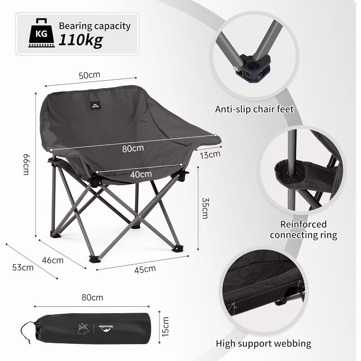 Naturehike Gathering X-Shaped Chair (Armrest Version) - Dark Grey