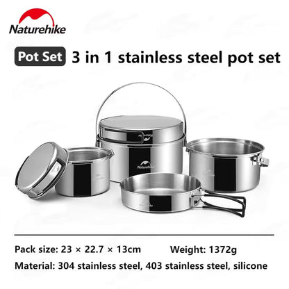 Naturehike 3 in 1 Pot Set - Stainless Steel