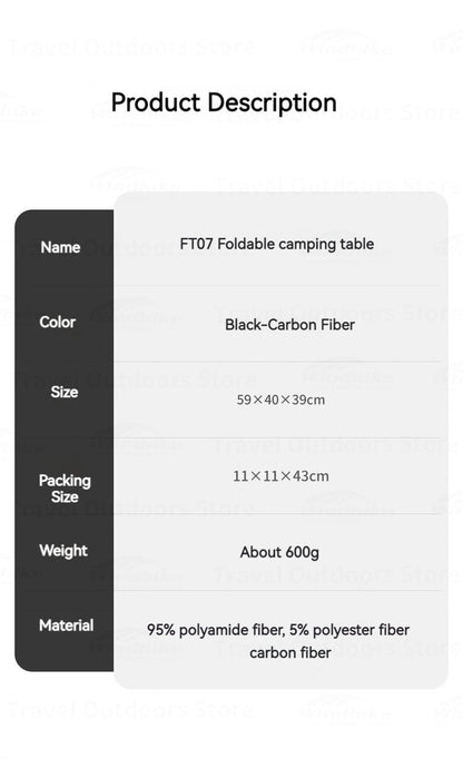 Naturehike FT07 Foldable Camping Table - Carbon Fibre (600g)
