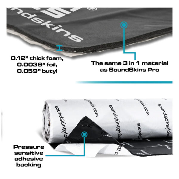 SOUNDSKINS GLOBAL | PRO PLUS 3 LAYERED 0.18″ THICK SHEET BUTYL, FOIL & ACOUSTIC FOAM